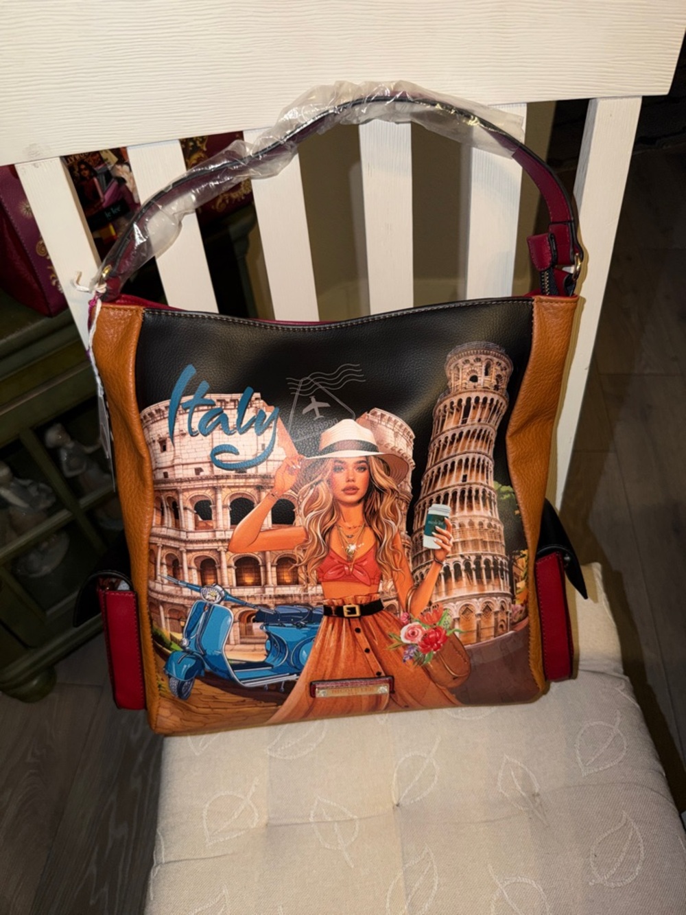 Nicole Lee Italy Graphic Shoulder Bag in Brown, Black and Red